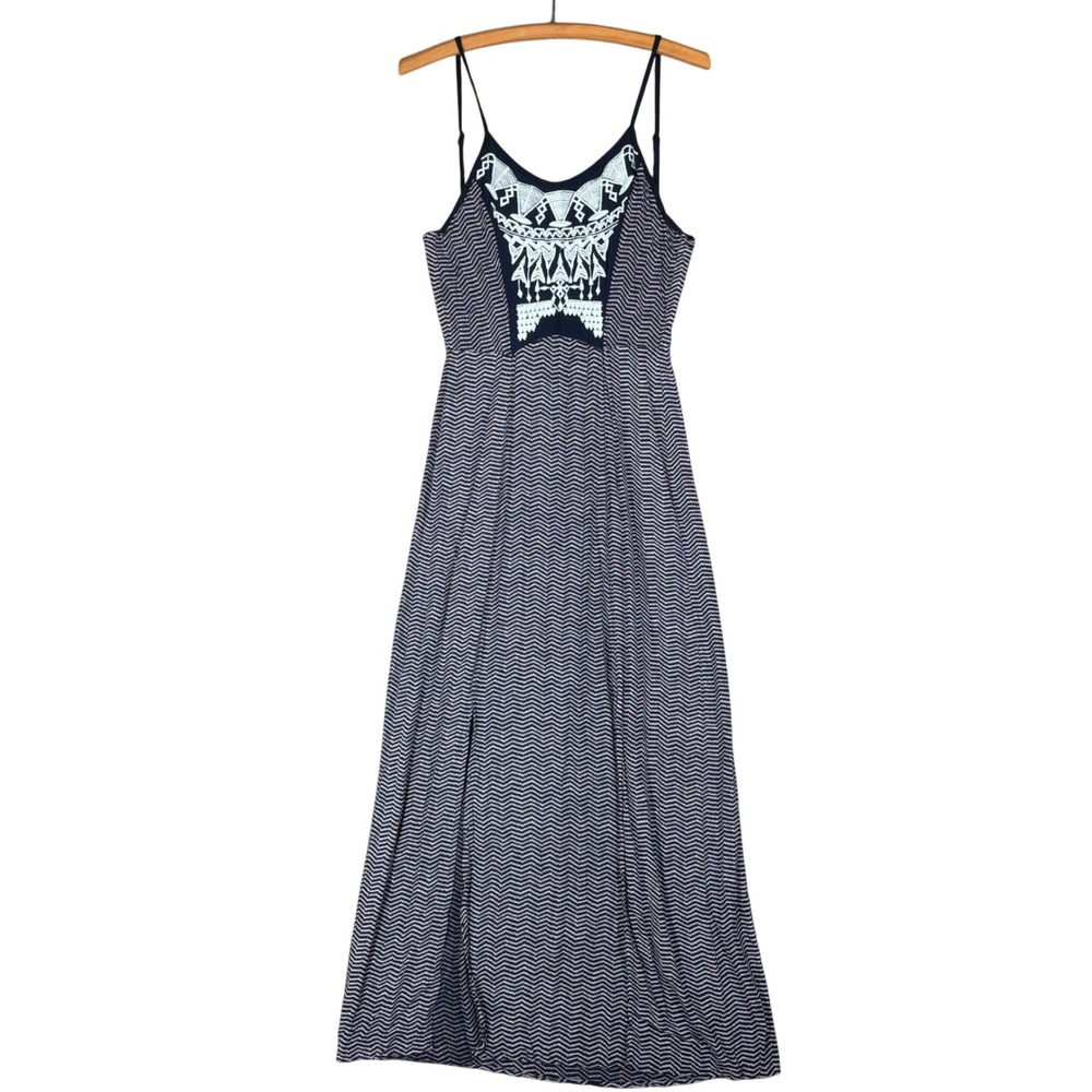 Angie Womens Navy Blue White Chevron Embroidered Maxi Dress Medium Boho Rayon